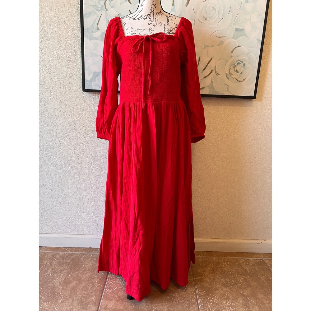 Quince Organic Cotton Gauze Smocked Square Neck Midi Dress Wild Cherry Red L